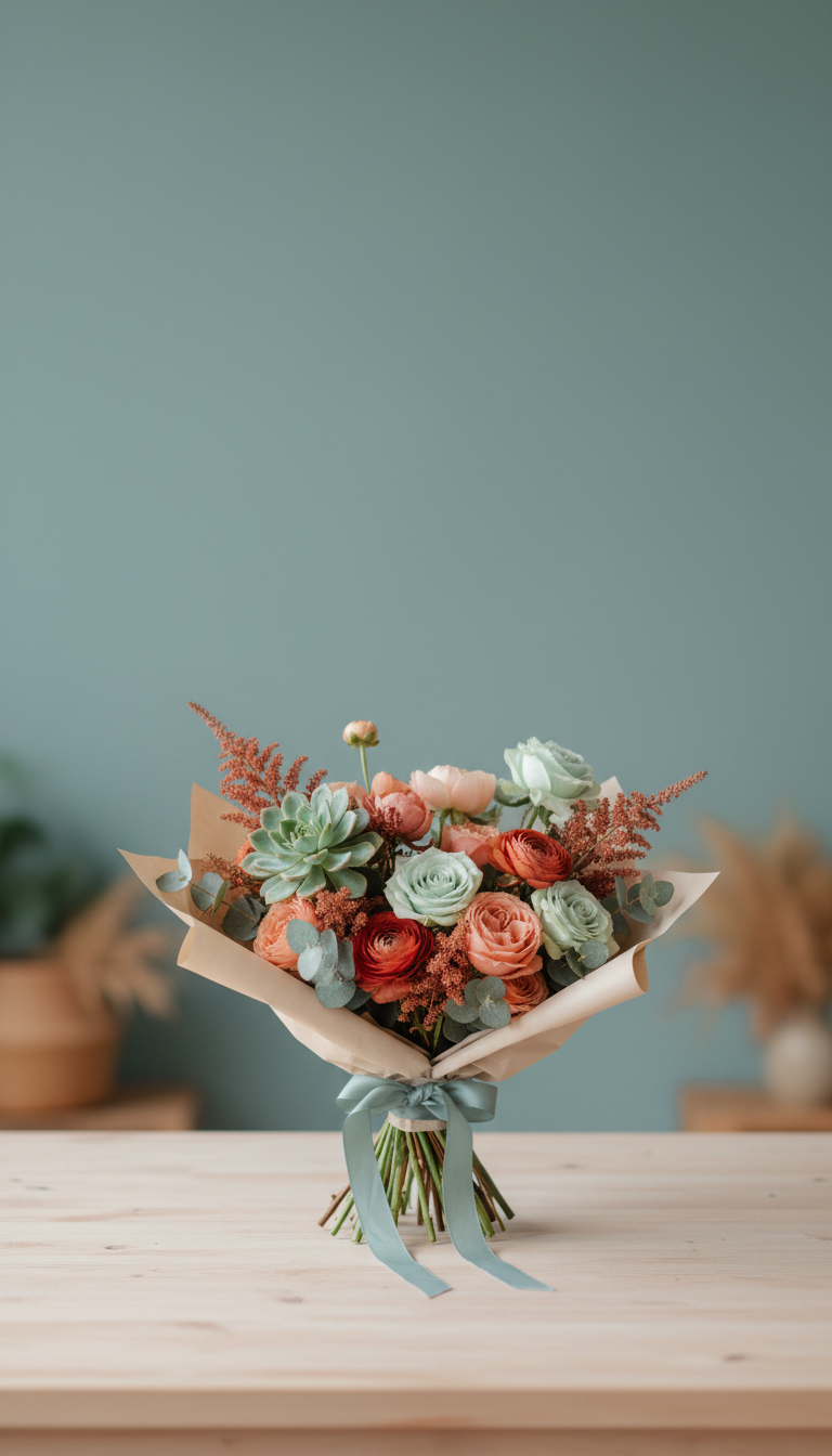 Urban minimalist bouquet in soft teal palette