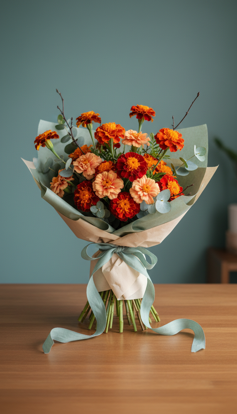Hand-tied bouquet with marigold radiance